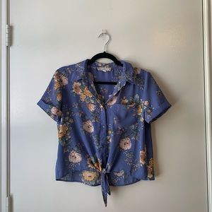 Blue floral cropped button up with tie